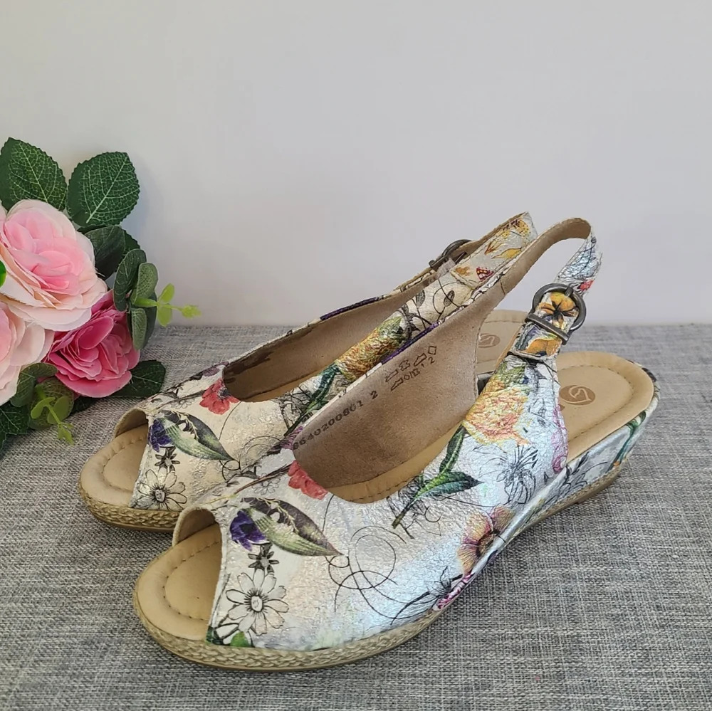 Ladies Remonte Leather Floral Wedges‎ Open Back Sandals Size 5.5 US 36EU